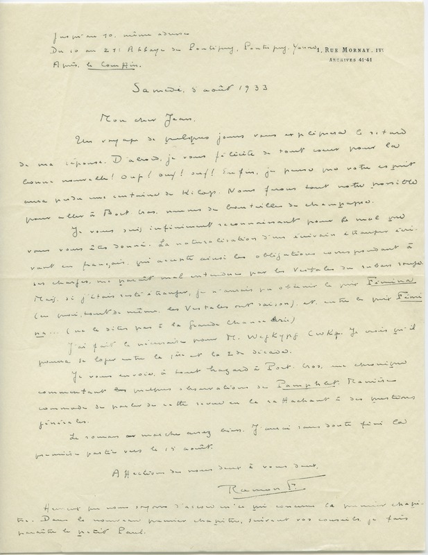 Lettre de Ramon Fernandez à Jean Paulhan (5 août 1933)