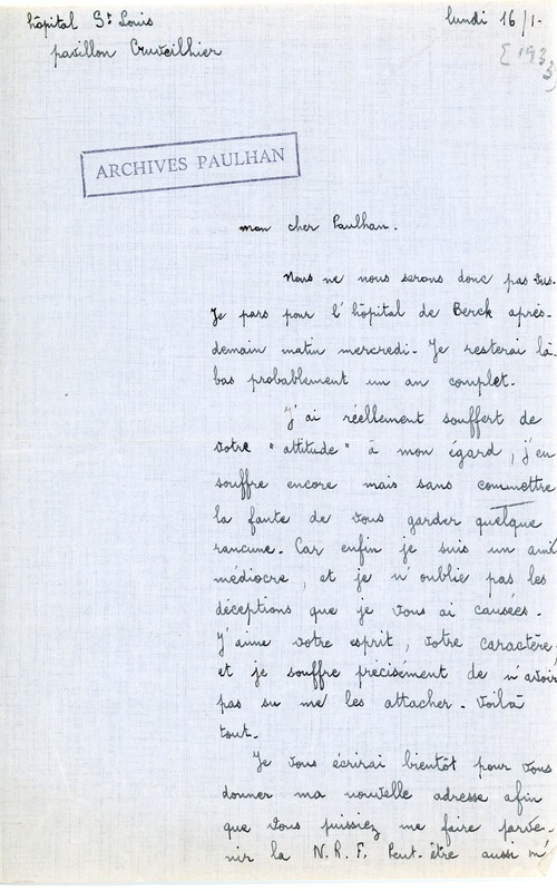 Lettre de Pierre Minet à Jean Paulhan, 1933-01-16