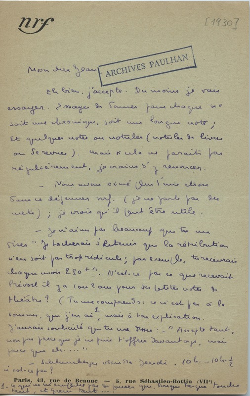 Lettre de Marcel Arland à Jean Paulhan, 1930