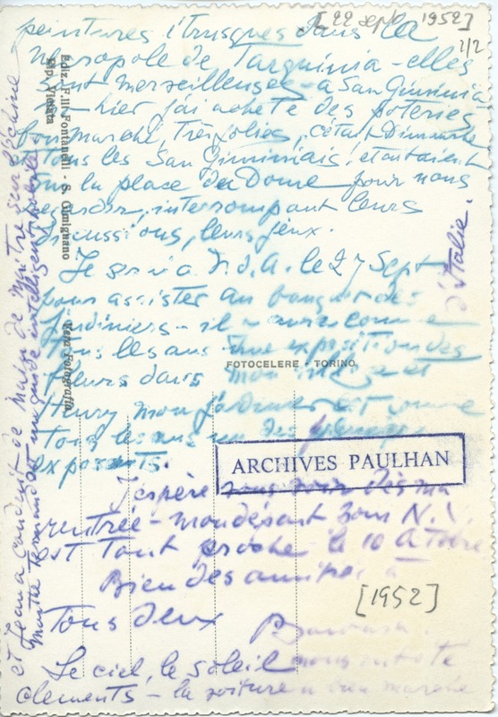 Lettre de Barbara Church à Jean Paulhan (22 septembre 1952)