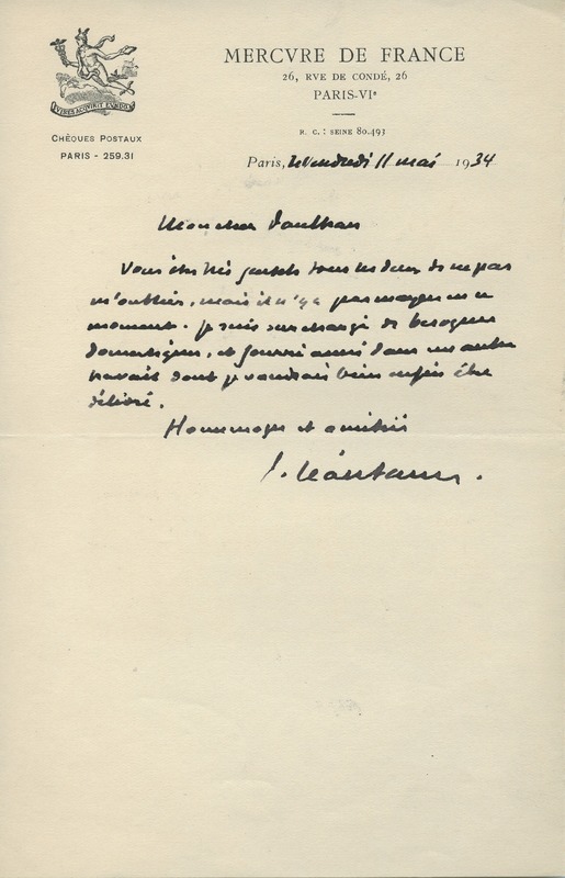 Lettre de Paul Léautaud à Jean Paulhan, 1934-05-11 Lettre de Paul Léautaud à Jean Paulhan, 1934-05-11