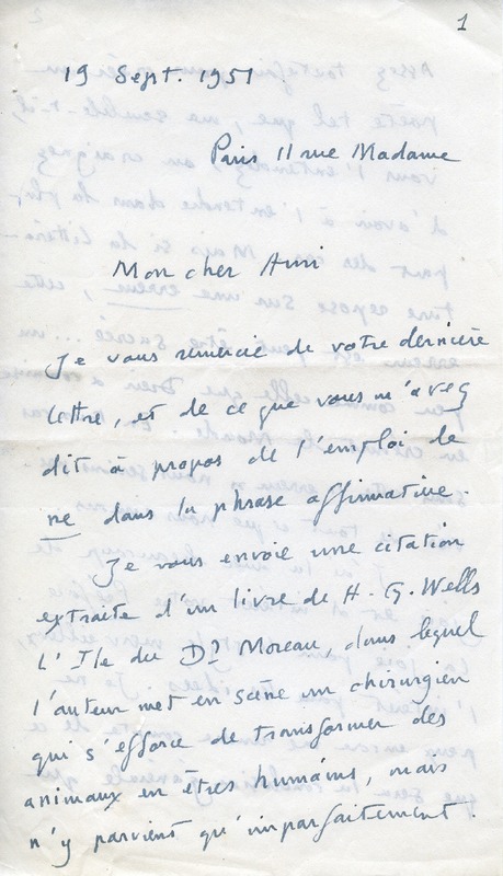 Lettre d'André Rolland de Renéville à Jean Paulhan, 1951-09-19