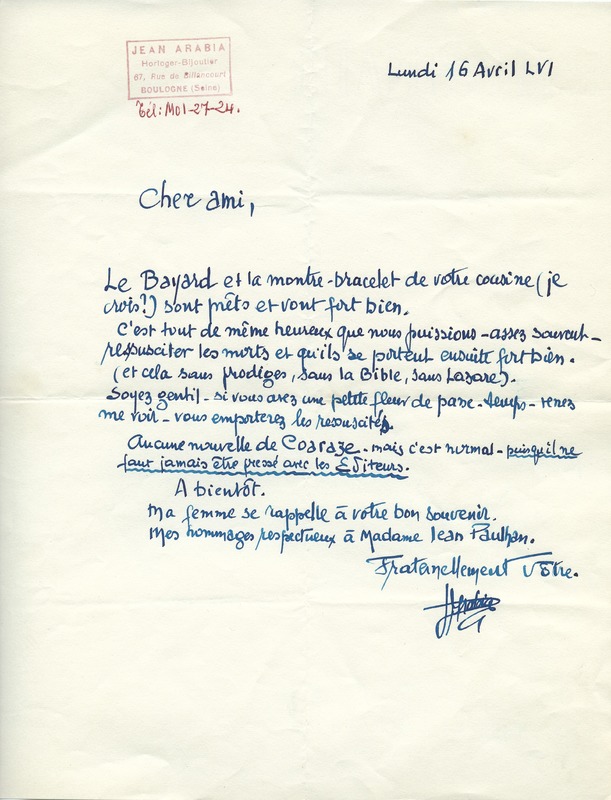 Lettre de Jean Arabia à Jean Paulhan, 1956-04-16