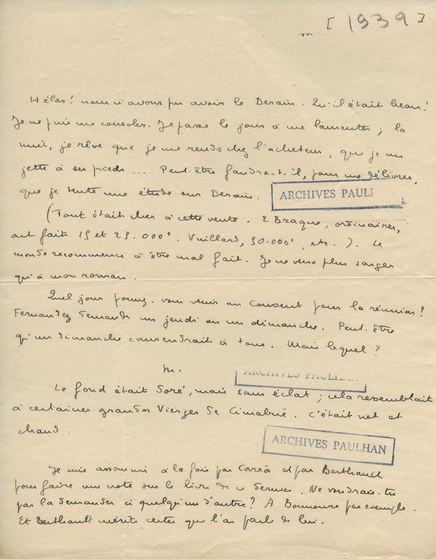 Lettre de Marcel Arland à Jean Paulhan, 1932