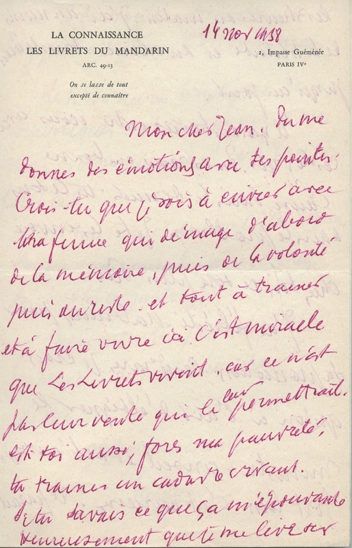 Lettre de René-Louis Doyon à Jean Paulhan, 1958-11-14