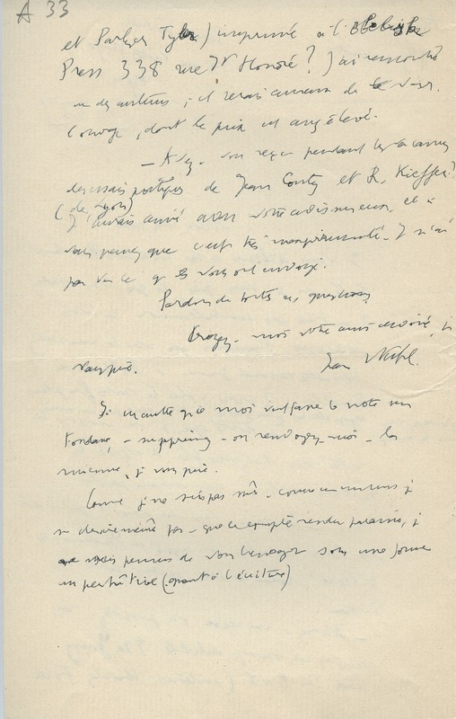 Lettre de Jean Wahl à Jean Paulhan, 1933-11-13