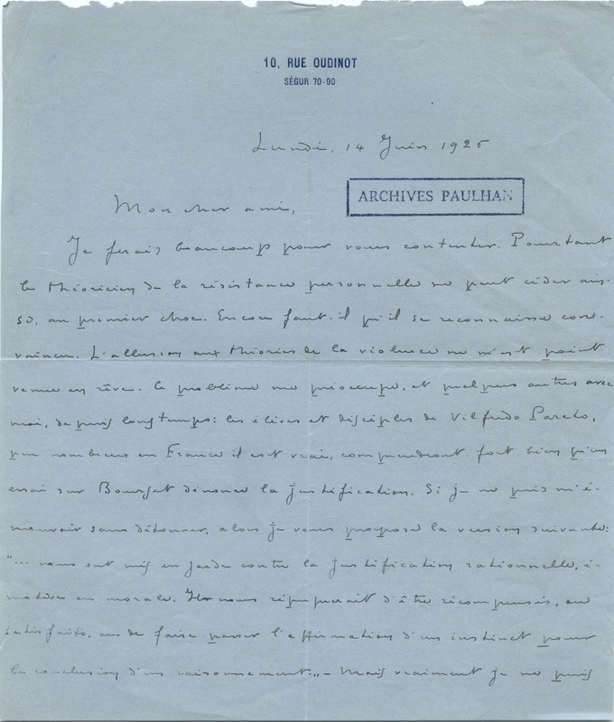 Lettre de Ramon Fernandez à Jean Paulhan (14 juin 1926)