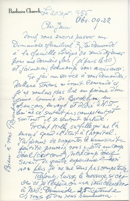 Lettre de Barbara Church à Jean Paulhan (20 septembre 1955)