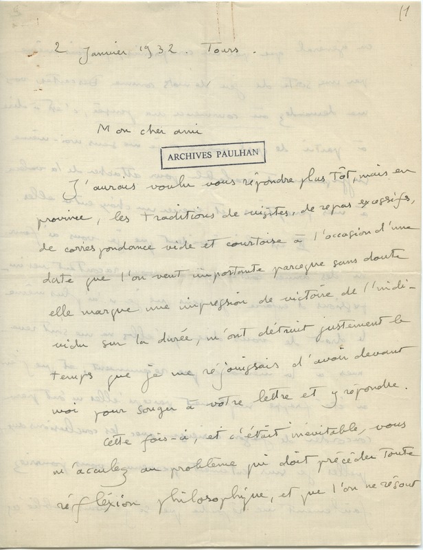 Lettre d'André Rolland de Renéville à Jean Paulhan, 1932-01-02 Lettre d'André Rolland de Renéville à Jean Paulhan, 1932-01-02