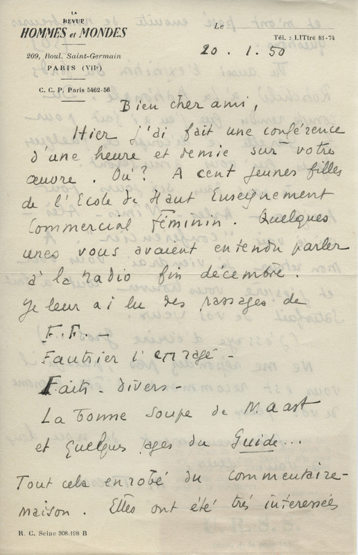 Lettre de Maurice Toesca à Jean Paulhan, 1950-01-20