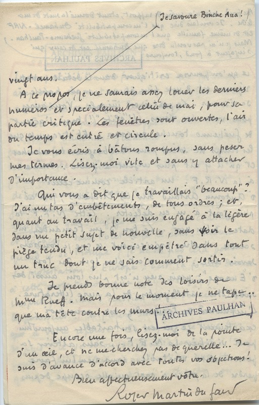 Lettre de Roger Martin du Gard à Jean Paulhan, 1932-05-29