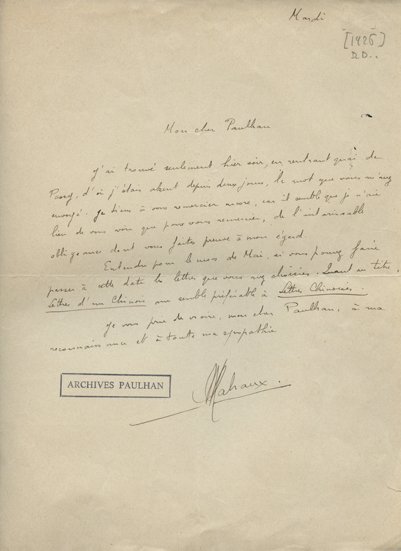 Lettre d'André Malraux à Jean Paulhan, 1926
