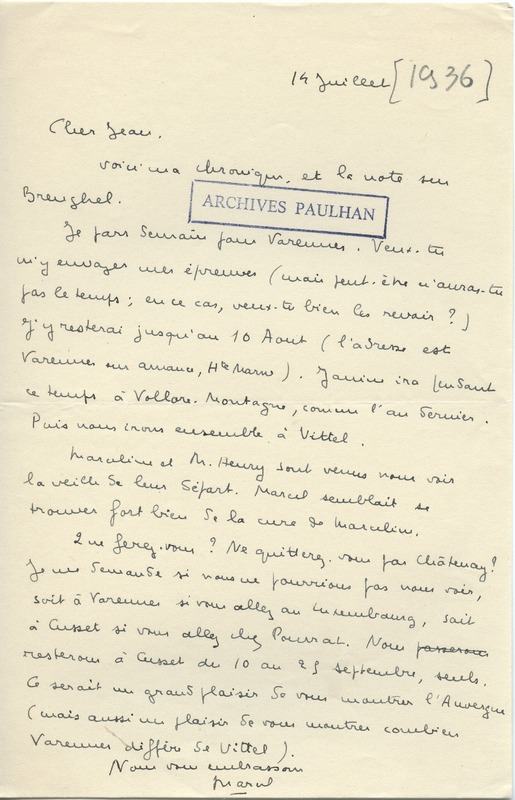 Lettre de Marcel Arland à Jean Paulhan, 1936-07-14 Lettre de Marcel Arland à Jean Paulhan, 1936-07-14