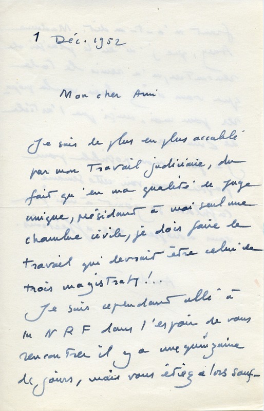 Lettre d'André Rolland de Renéville à Jean Paulhan, 1952-12-01