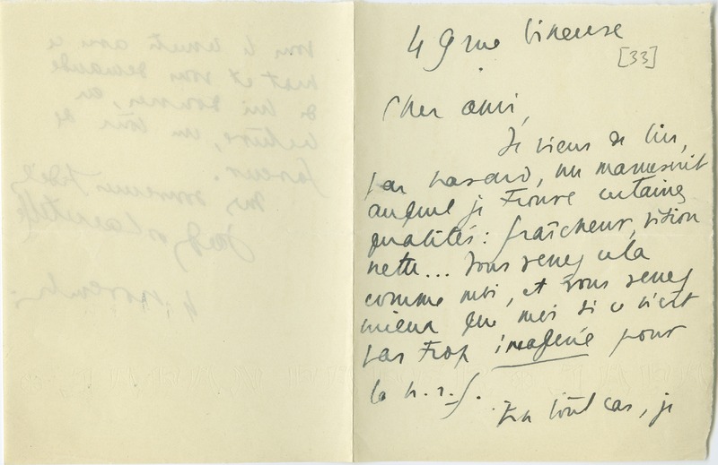 Lettre de Jacques de Lacretelle à Jean Paulhan (4 novembre 1933) Lettre de Jacques de Lacretelle à Jean Paulhan (4 novembre 1933)