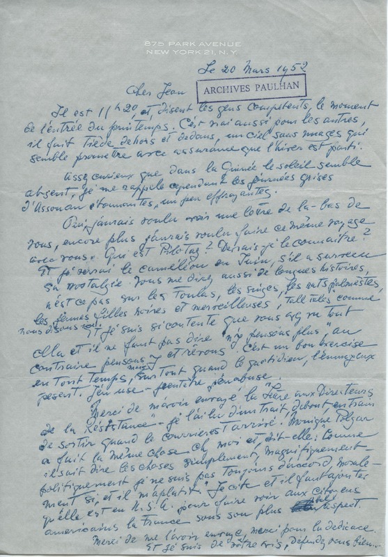 Lettre de Barbara Church à Jean Paulhan (20 mars 1952)