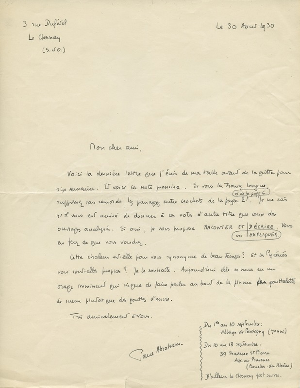 Lettre de Pierre Abraham à Jean Paulhan, 1930-08-30