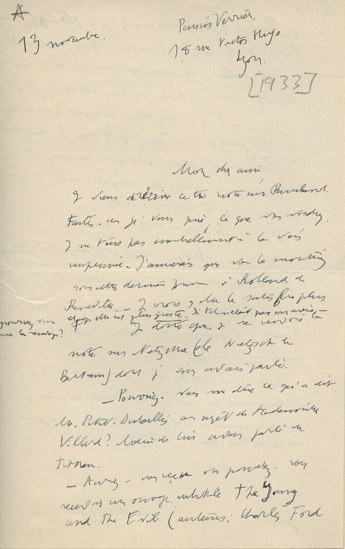 Lettre de Jean Wahl à Jean Paulhan, 1933-11-13