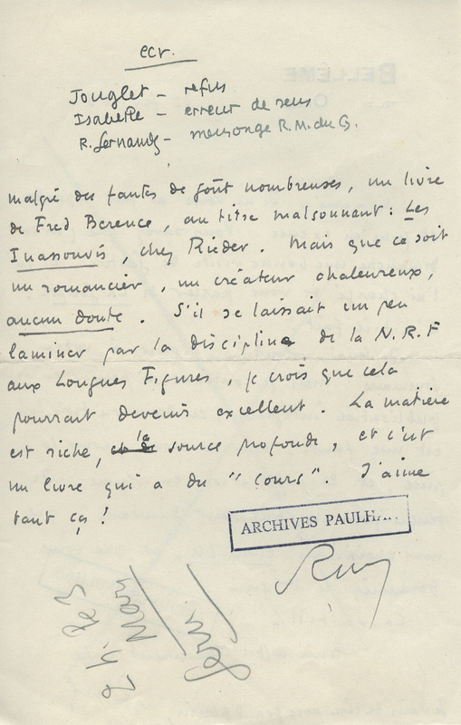 Lettre de Roger Martin du Gard à Jean Paulhan, 1928-02-22