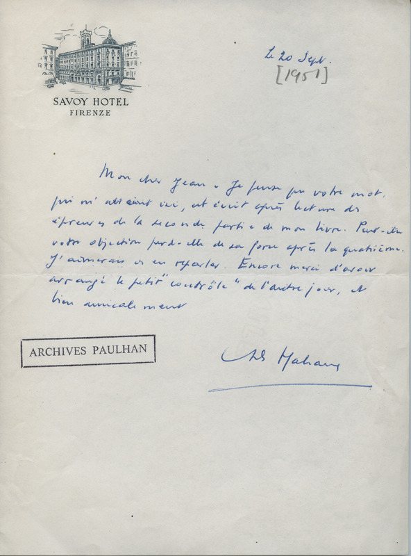 Lettre d'André Malraux à Jean Paulhan, 1951-09-20