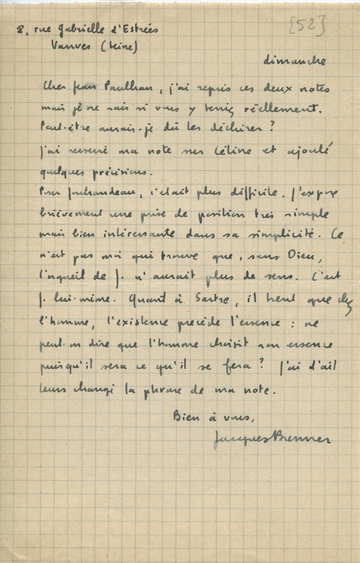 Lettre de Jacques Brenner à Jean Paulhan, 1952