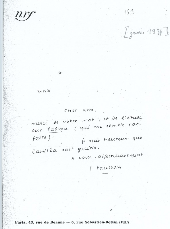 Lettre de Jean Paulhan à André Rolland de Renéville, 1934-01