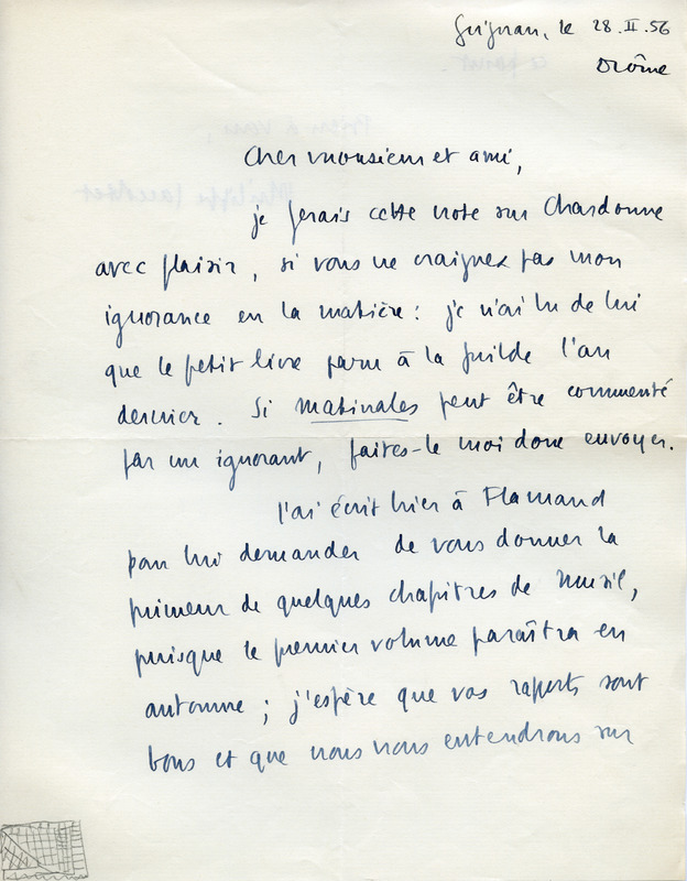 Lettre de Philippe Jaccottet à Jean Paulhan, 1956-02-28