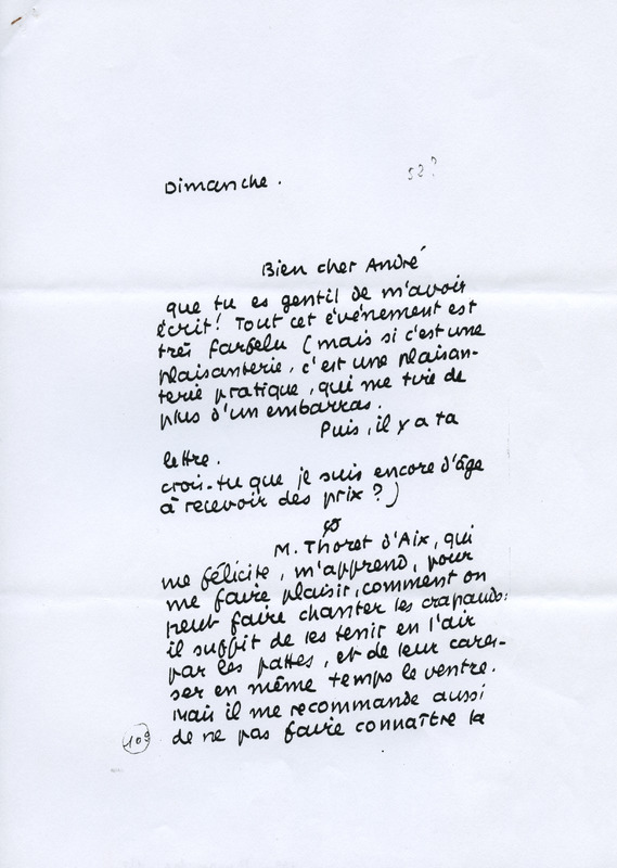 Lettre de Jean Paulhan à André Dhôtel, 1952