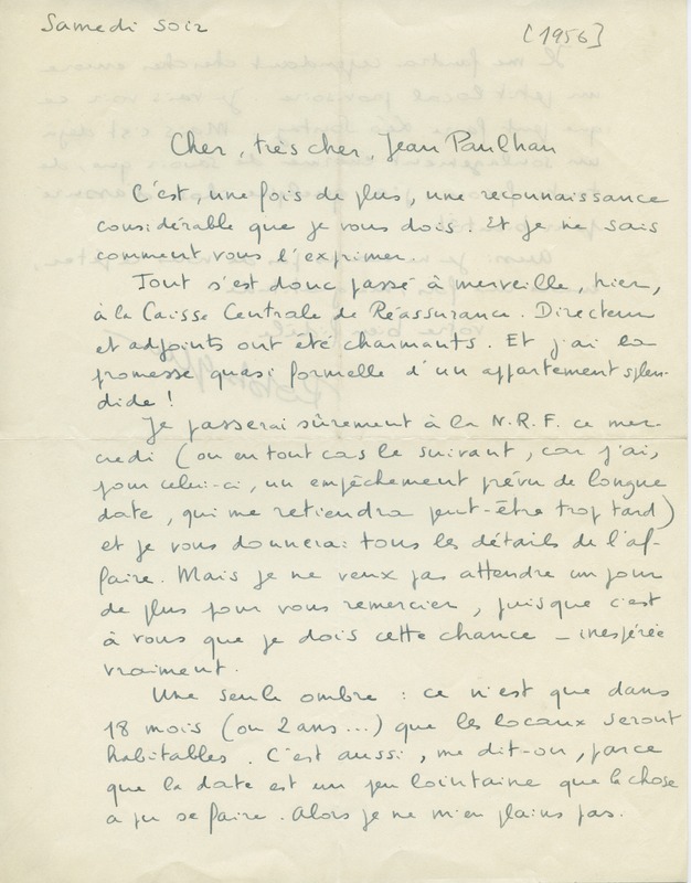 Lettre d'Alain Robbe-Grillet à Jean Paulhan, 1956