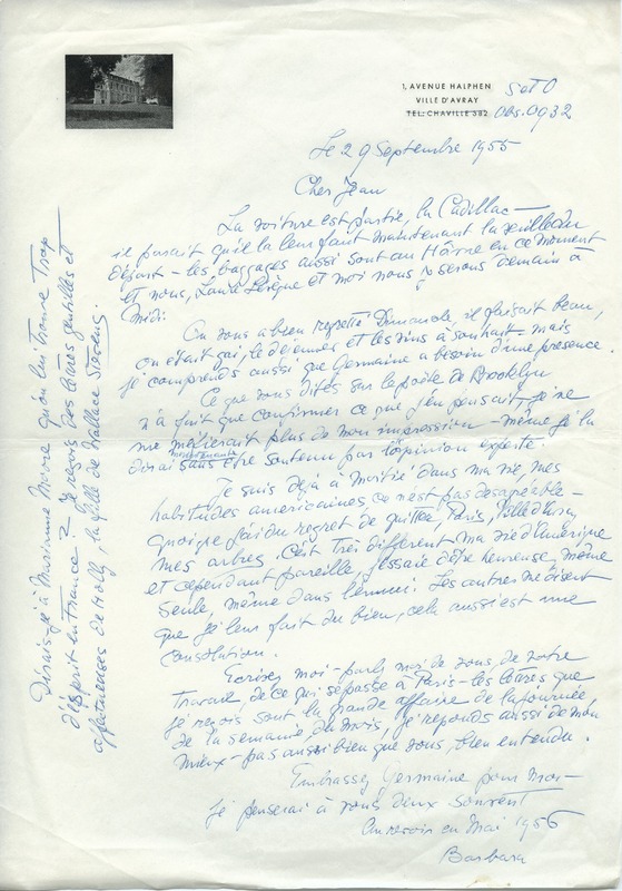 Lettre de Barbara Church à Jean Paulhan (29 septembre 1955)