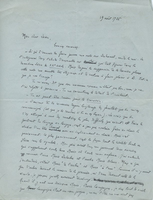 Lettre de Benjamin Crémieux à Jean Paulhan, 1926-08-19 Lettre de Benjamin Crémieux à Jean Paulhan, 1926-08-19