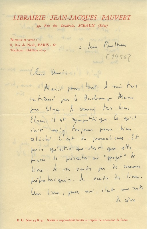 Lettre de Jean-Jacques Pauvert à Jean Paulhan, 1956