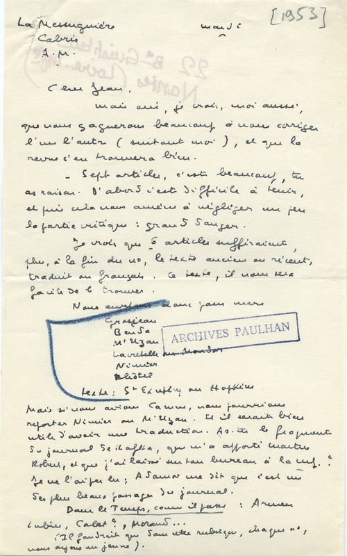 Lettre de Marcel Arland à Jean Paulhan, 1953