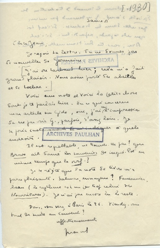 Lettre de Marcel Arland à Jean Paulhan, 1930