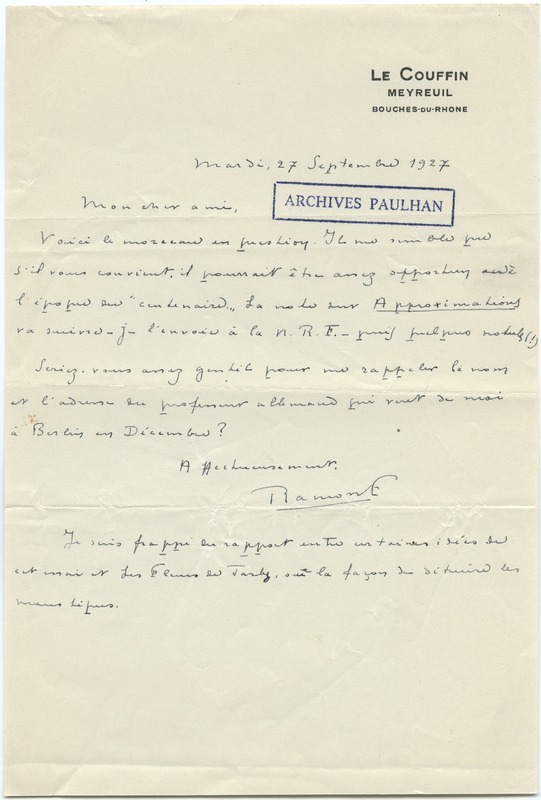 Lettre de Ramon Fernandez à Jean Paulhan (27 septembre 1927)