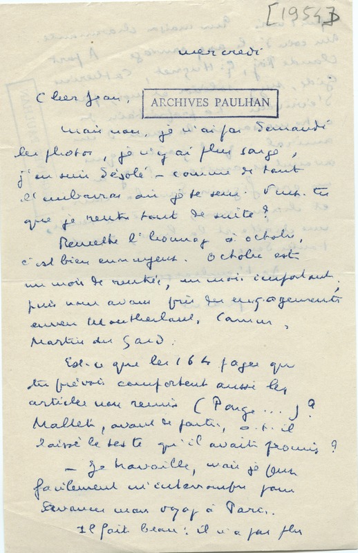 Lettre de Marcel Arland à Jean Paulhan, 1954 Lettre de Marcel Arland à Jean Paulhan, 1954