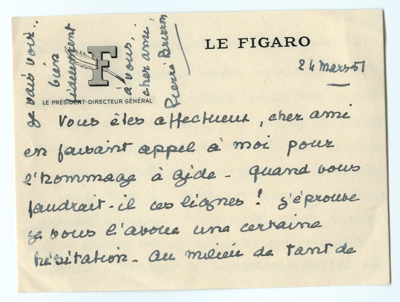Lettre de Pierre Brisson à Jean Paulhan (24 mars 1951)
