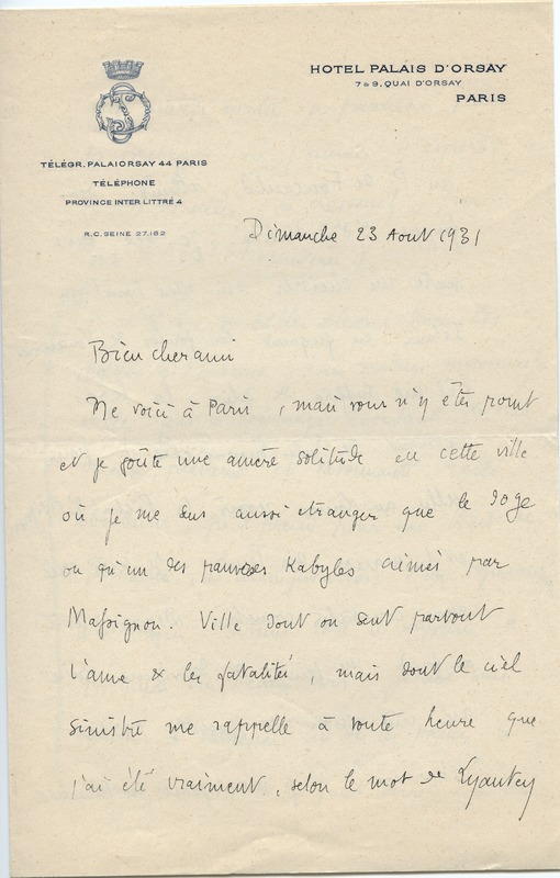 Lettre de Gabriel Bounoure à Jean Paulhan, 1931-08-23