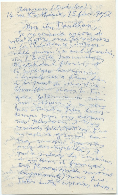 Lettre de Julien Vocance à Jean Paulhan (15 février 1952)