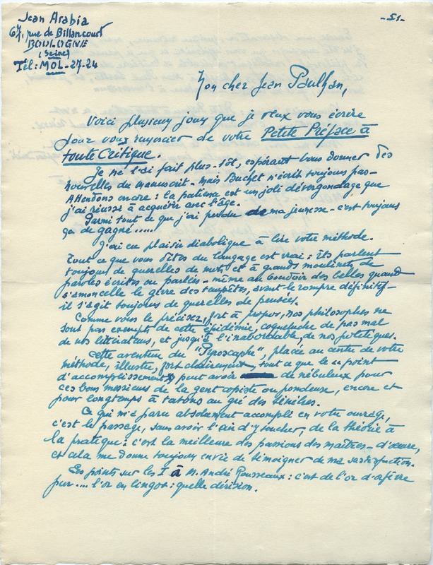 Lettre de Jean Arabia à Jean Paulhan, 1951-10-05