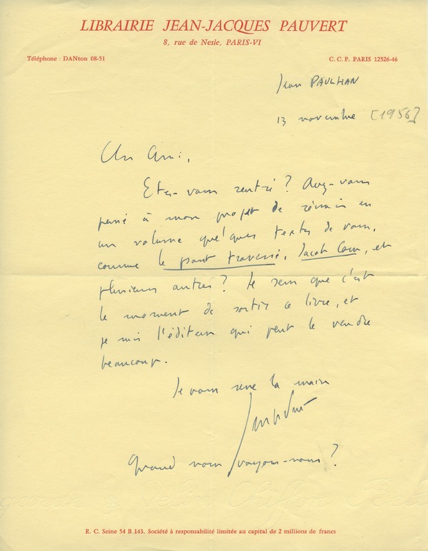 Lettre de Jean-Jacques Pauvert à Jean Paulhan, 1956-11-13