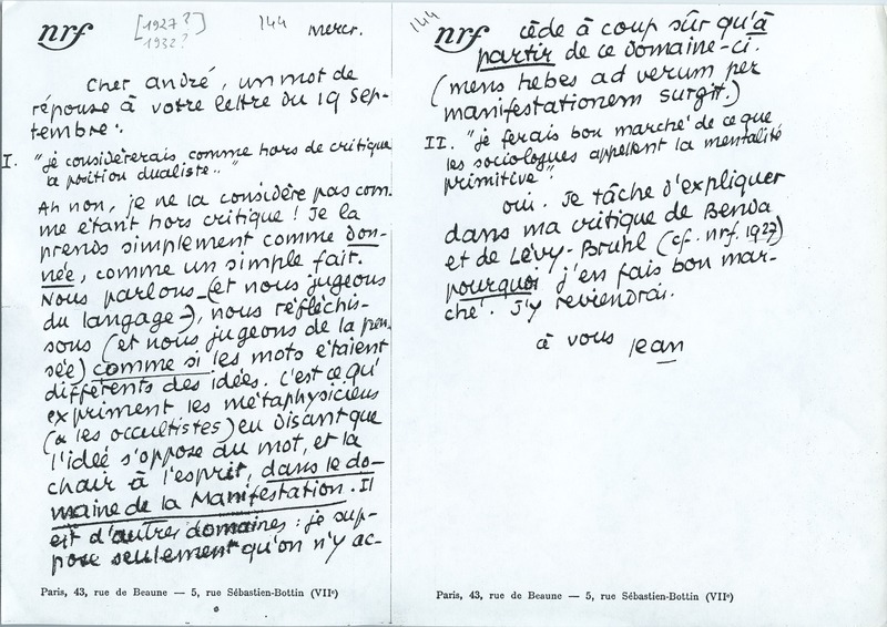 Lettre de Jean Paulhan à André Rolland de Renéville, 1927