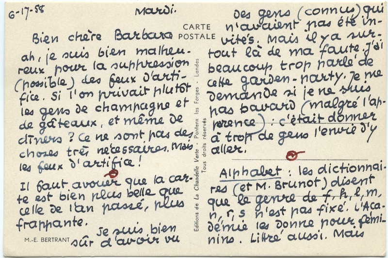 Lettre de Jean Paulhan à Barbara Church (17 juin 1958)