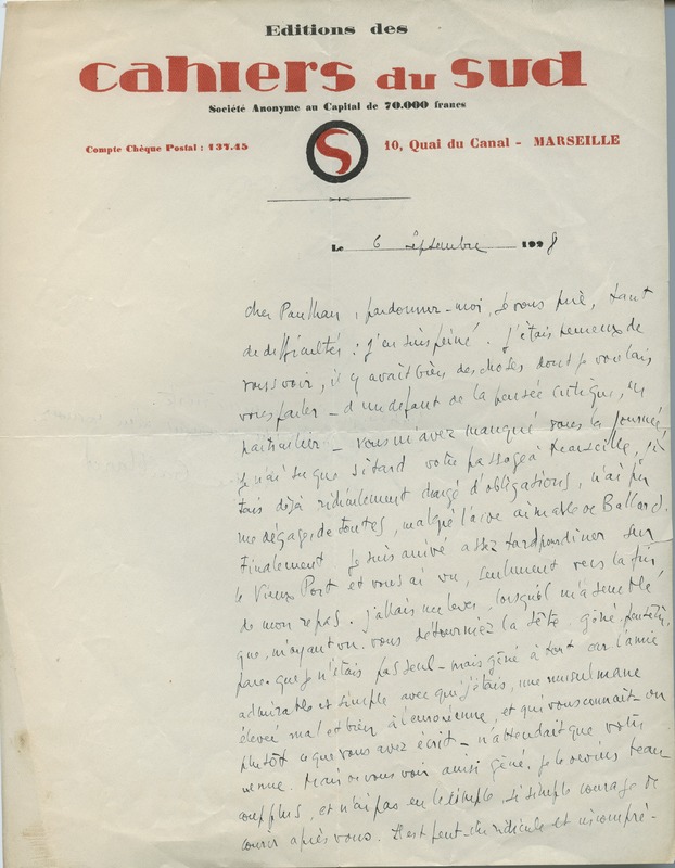 Lettre d'André Galland à Jean Paulhan, 1928-09-06