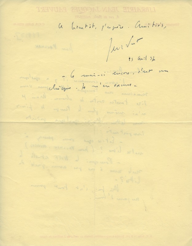 Lettre de Jean-Jacques Pauvert à Jean Paulhan, 1957