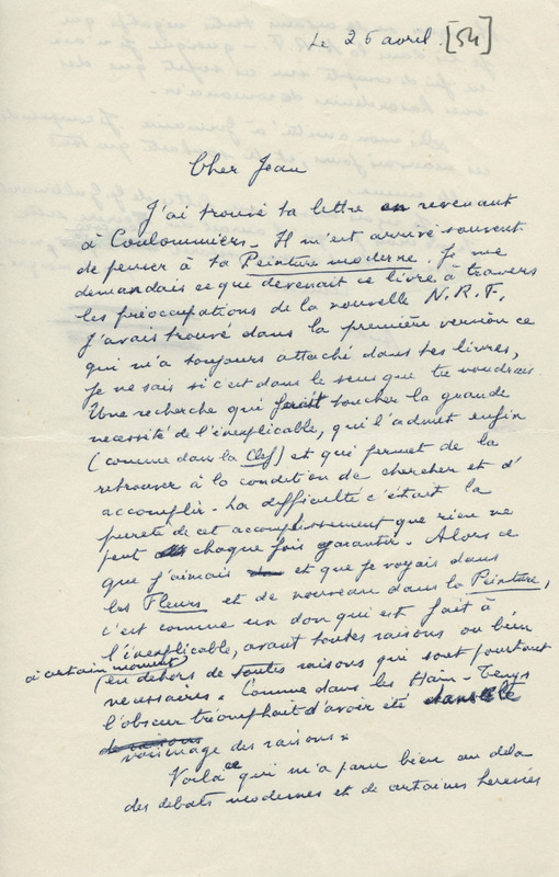 Lettre d'André Dhôtel à Jean Paulhan, 1954-04-26