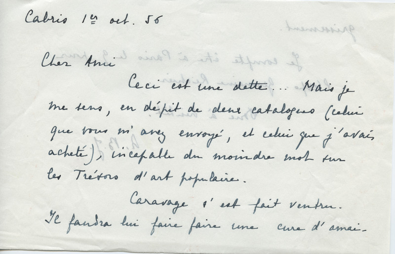 Lettre d'André Berne-Joffroy à Jean Paulhan, 1956-10-01