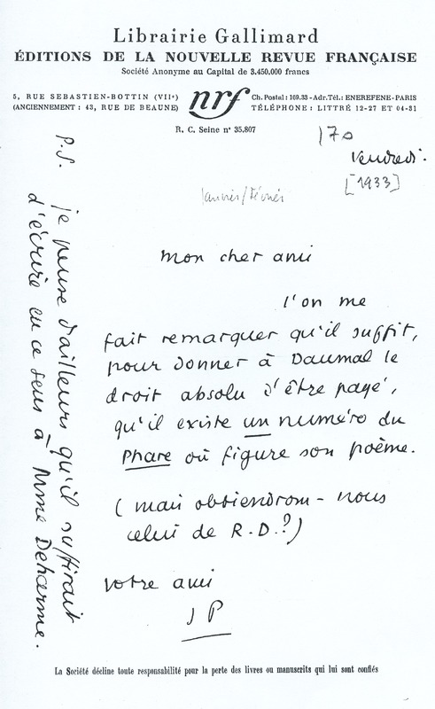 Lettre de Jean Paulhan à André Rolland de Renéville, 1933