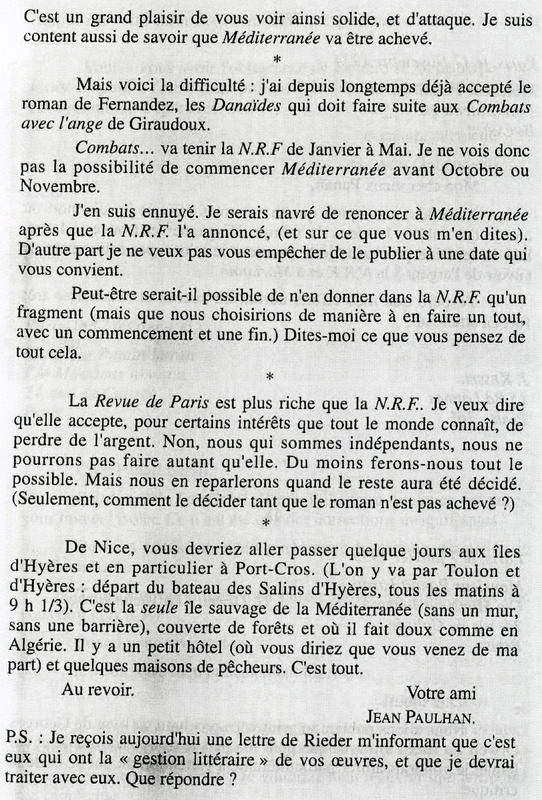 Lettre de Jean Paulhan à Panaït Istrati, 1934-01-23