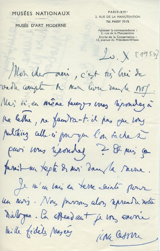 Lettre de Jean Cassou à Jean Paulhan, 1954-10-20